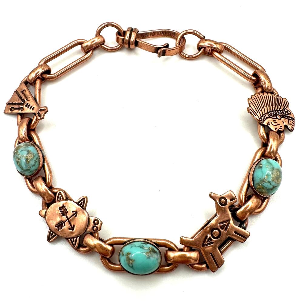 Vintage Southwestern solid copper figurals turquoise lucite cabochons bracelet